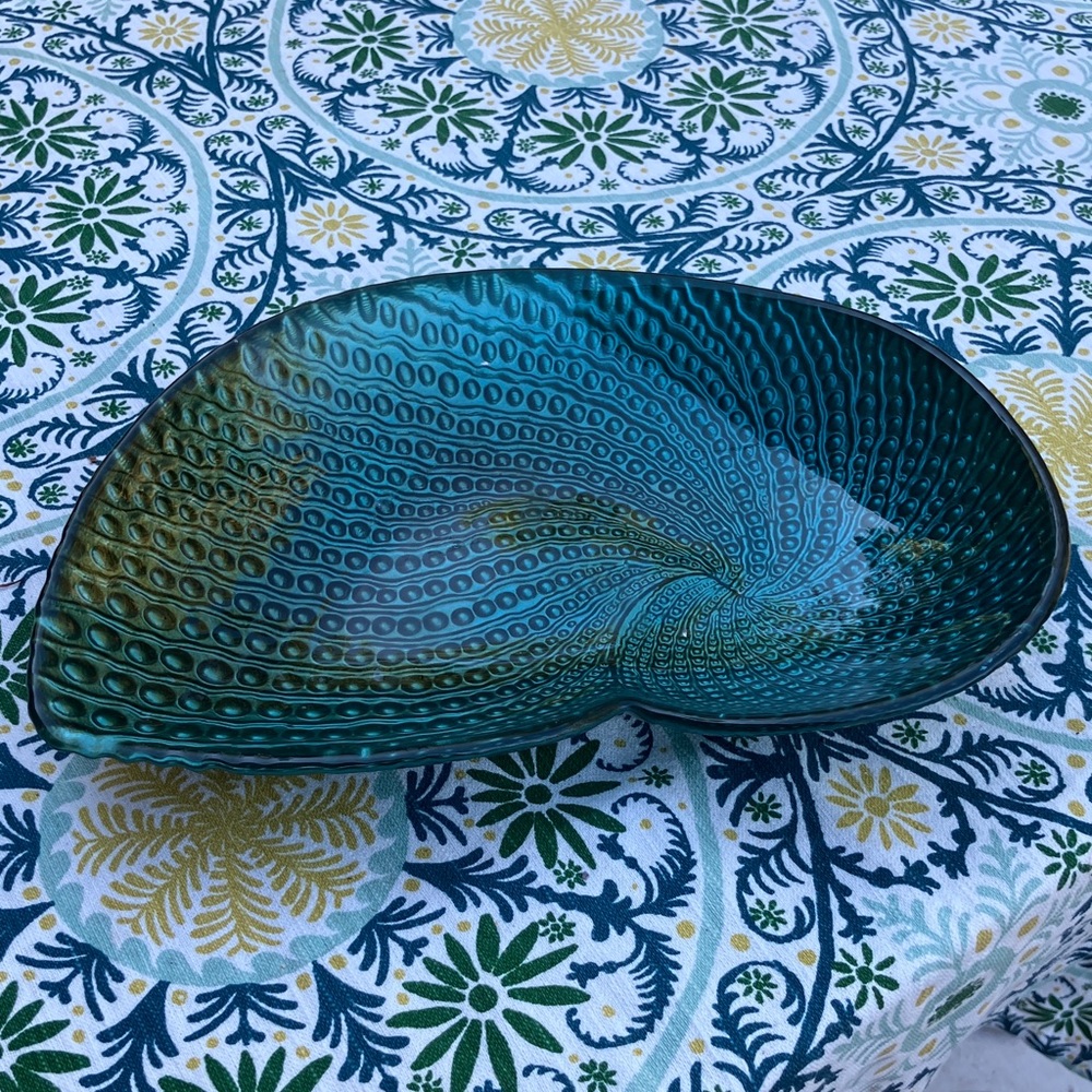 Peacock blue glass nautilus shallow bowl